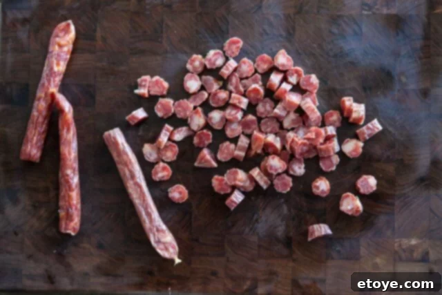 Sweet and Savory Brussels Sprouts with Lap Cheong 4 Properly stored Chinese sausage links, wrapped for freshness.