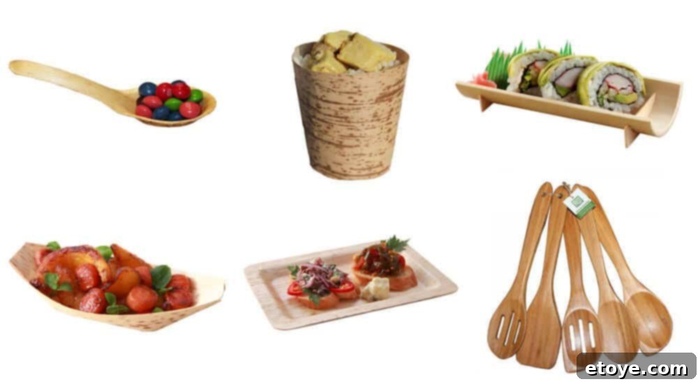 Collage showcasing various eco-friendly bamboo plates, bowls, and cutlery from RestaurantWare.com