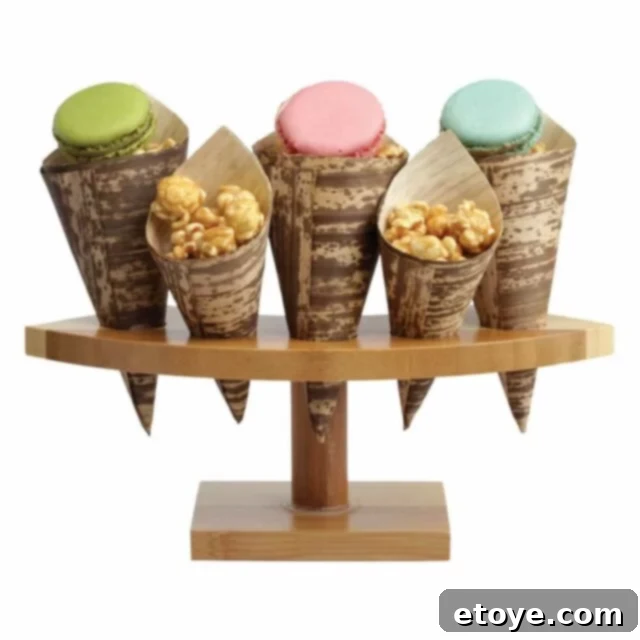 Stylish crescent bamboo cone stand for elegant food presentation