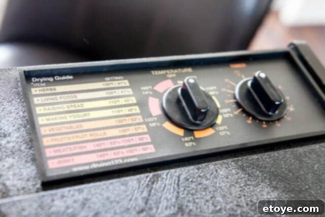 Excalibur Dehydrator Review and Giveaway 6 Excalibur dehydrator's control panel, showing temperature settings and integrated timer.