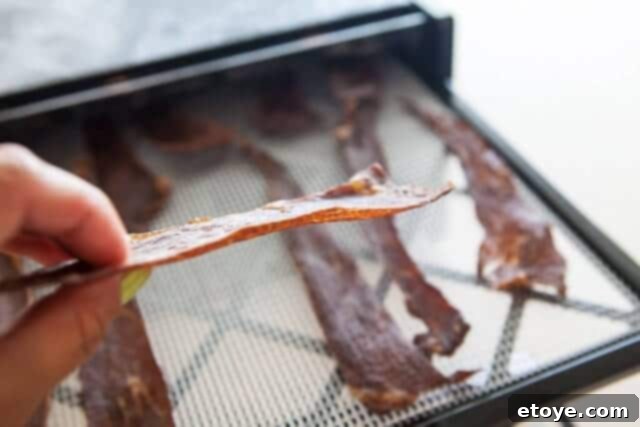 Close-up of thin, perfectly dried beef jerky.