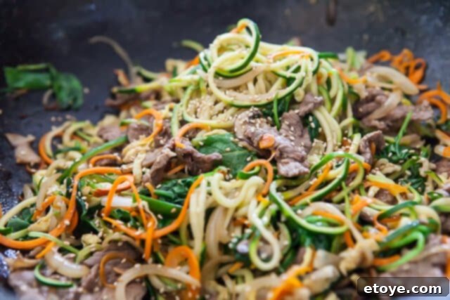 Korean Zucchini Noodles Recipe - Quick Easy Low-Carb Stir Fry Delicious Korean Zucchini Noodles with Beef and Vegetables