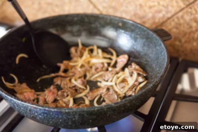 Korean Zucchini Noodle Recipe - Stir Fry Meat Onion Cooked Beef and Onions for Korean Stir Fry