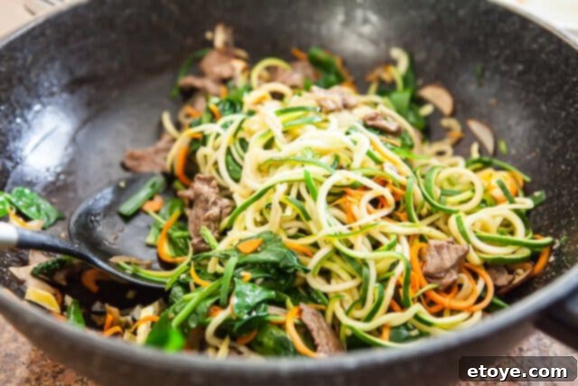 Korean Zucchini Noodle Recipe - Toss to Combine Combining Zucchini Noodles with Beef and Vegetables