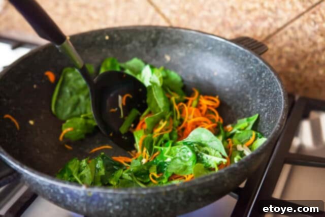 Korean Zucchini Noodle Recipe - Stir Fry Vegetables Wilted Spinach and Kale in Korean Stir Fry