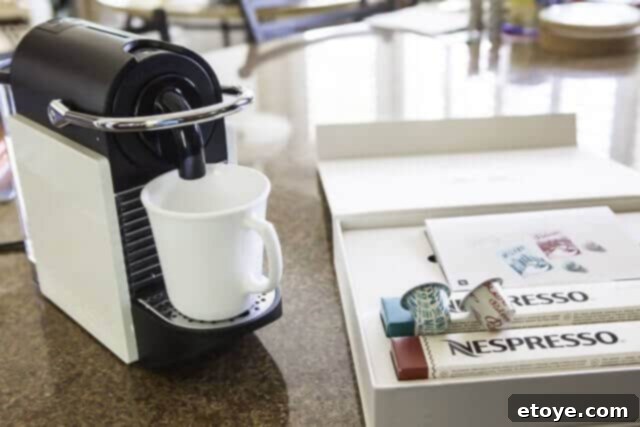 Nespresso Pixie Coffee Maker in a Home Setting with Palermo and Milano Coffee Capsules