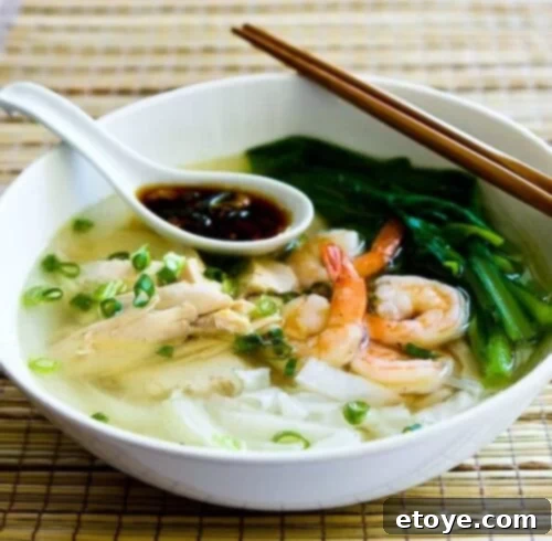 Malaysian Chicken Noodle Soup with Fresh Asian Greens and Spicy Chili Soy Sauce 2 A steaming bowl of Malaysian Chicken Noodle Soup with tender chicken, rice noodles, fresh greens, and shrimp, garnished with scallions.