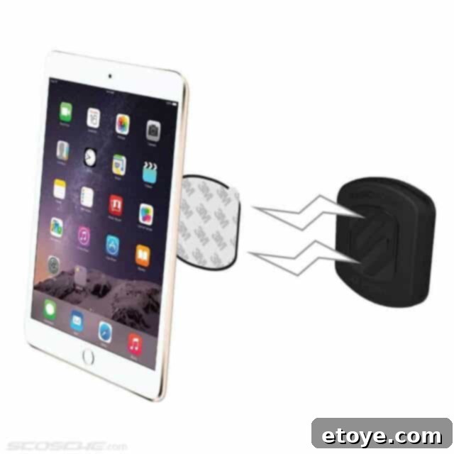 Close-up of Scosche Magic Mount XL components: the magnetic mount, a large magnet plate, and a small magnet plate.