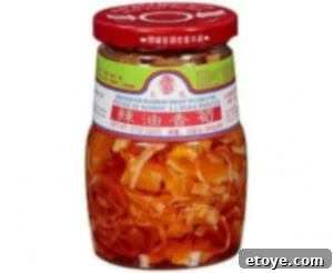 Jar of Chinese preserved bamboo shoots in chili oil