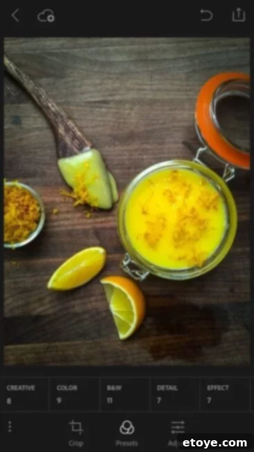 Adobe Photoshop Fix & Lightroom Mobile 4 After editing with Adobe Lightroom Mobile, showing enhanced colors and brightness for Lemon Curd