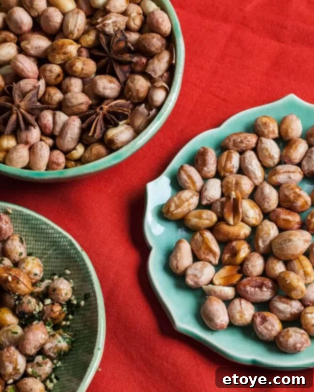 Assortment of homemade roasted peanuts in various flavors, perfect for snacking.