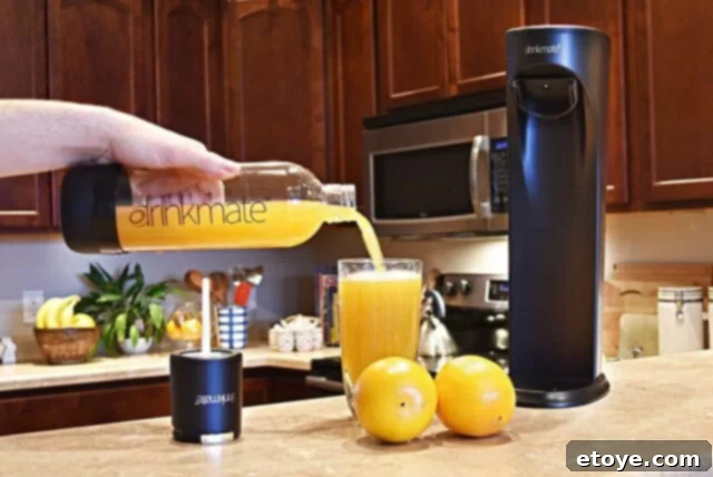 Drinkmate Carbonated Soda Maker Review and Giveaway 4 Assortment of beverages, including juices and wine, being carbonated with Drinkmate
