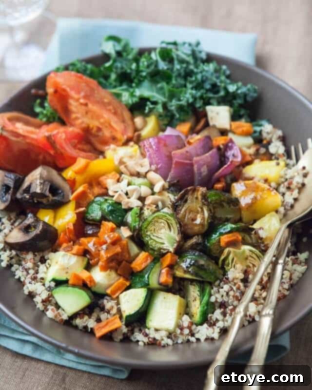 Finished Roasted Vegetable Buddha Bowl with toppings