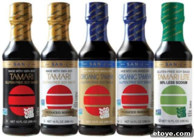 A bottle of San-J Tamari soy sauce, highlighting its quality and brewing process.