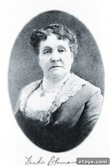 A vintage portrait of Freda Erhmann, a pioneering woman whose innovation shaped the olive industry.