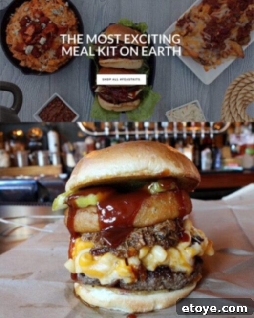 BurgaBox Review And Win 100 Dollars 2 A towering, stacked burger, the 'Whisky Tango Foxtrot' from BurgaBox, showcasing its intricate layers including an onion ring, pulled pork, and mac 'n cheese.
