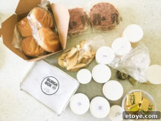 BurgaBox Review And Win 100 Dollars 5 A variety of individually packed ingredients from BurgaBox, including cheese, pulled pork, and other toppings.