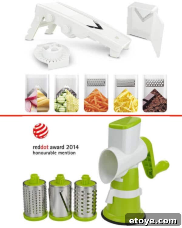 Surpahs kitchen gadgets including drum grater and V-mandoline slicer