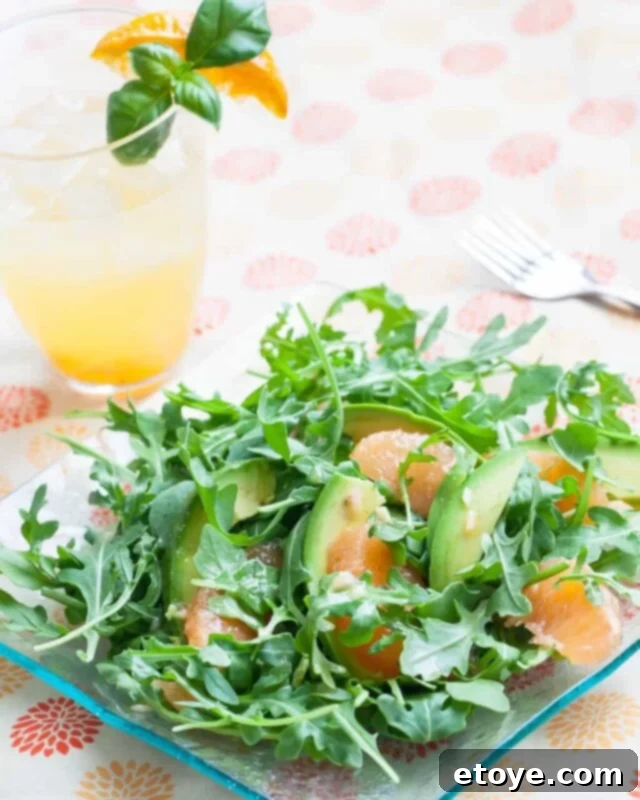 Grapefruit, Avocado and Baby Arugula Salad 2 Vibrant Avocado Grapefruit Salad with baby arugula and custom vinaigrette