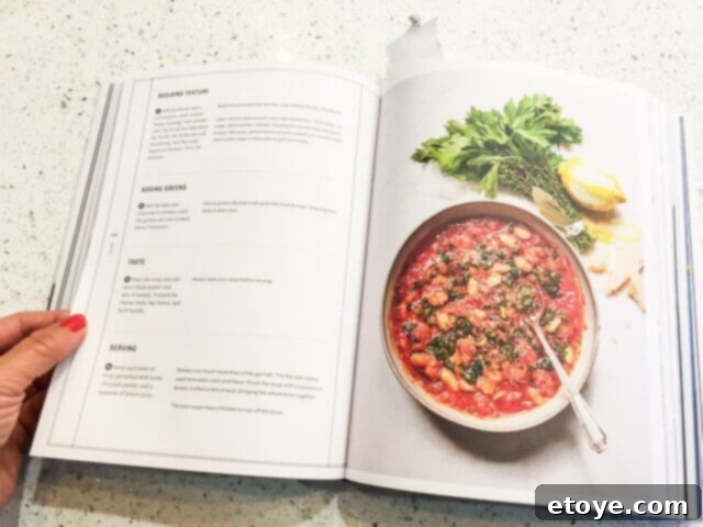 Open cookbook showing soup recipe