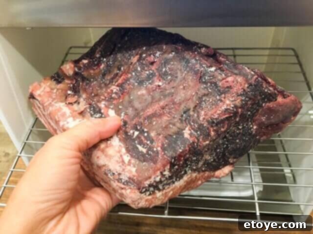 SteakAger Review Plus Win One 14 A dry-aged strip loin ready for trimming, showing the dark, dehydrated outer layer