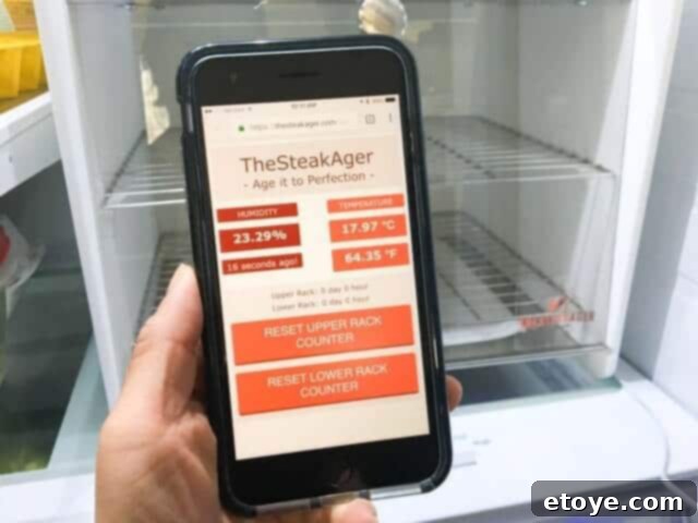 SteakAger Review Plus Win One 6 Steakager's app interface displaying temperature and humidity readings for the dry aging process