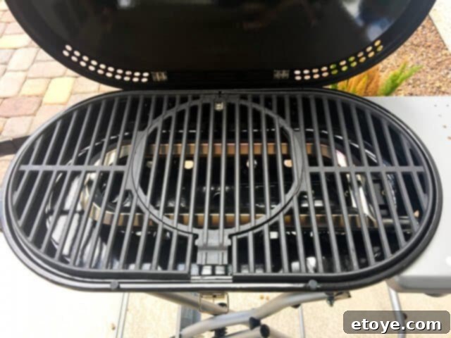 Close-up of the STOK Gridiron Grill's durable porcelain-coated cast iron grates
