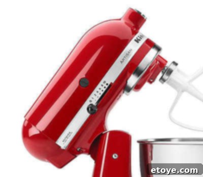 Win Your Dream KitchenAid Mixer 6 Close-up of the KitchenAid Artisan Stand Mixer's 5-quart stainless steel bowl with handle.