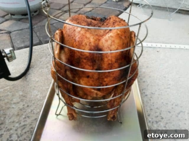 A close-up of the beautifully crisp skin on an oil-less deep fried turkey. Deep fried turkey without oil - Char Boil big easy