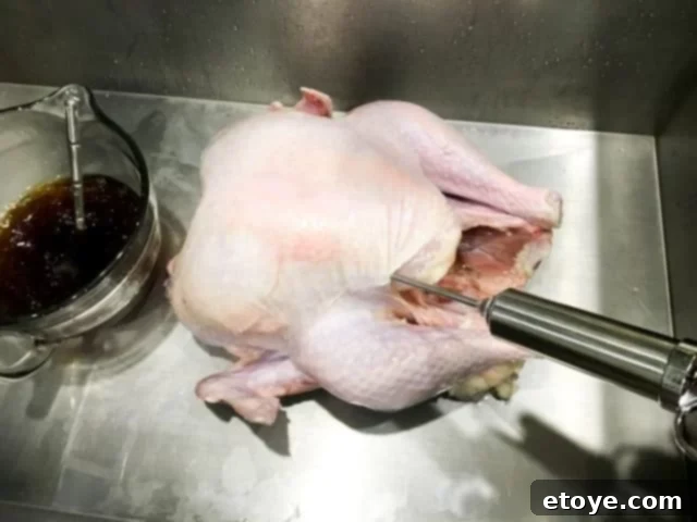 Precise injection technique for oil-less deep-fried turkey. Deep fried turkey without oil - inject turkey