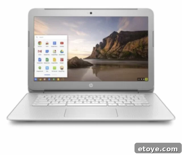 HP Chromebook 14-ak040nr with Chrome OS, showcasing its sleek design and open screen