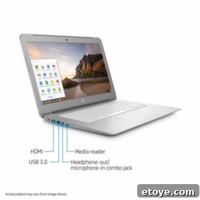 Close-up view of HP Chromebook connectivity ports, including USB and HDMI