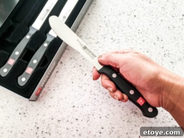 Close up of a Wusthof burger knife blade, showing the rounded tip and serrated edge.