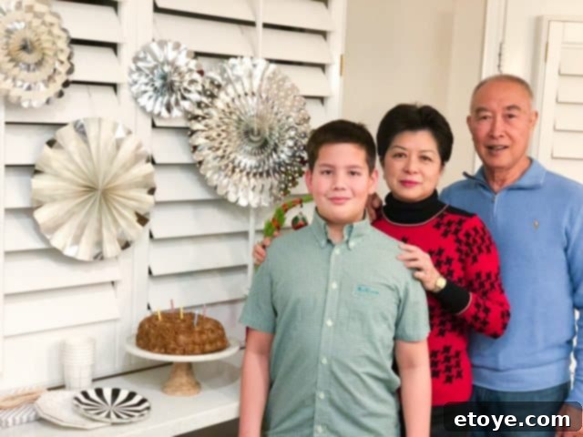 Geese and Ganders Review Plus Giveaway 5 Nathan celebrating his birthday with his grandparents PoPo and Gong Gong amidst party decor