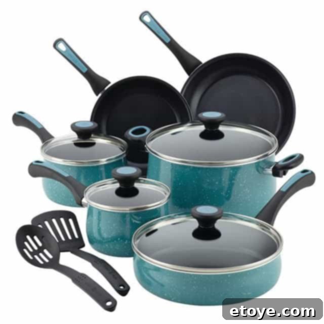 Enter to Win a Paula Deen Riverbend 12-Piece Cookware Set 5 Variety of Paula Deen Riverbend cookware pieces, including pots, pans, and lids