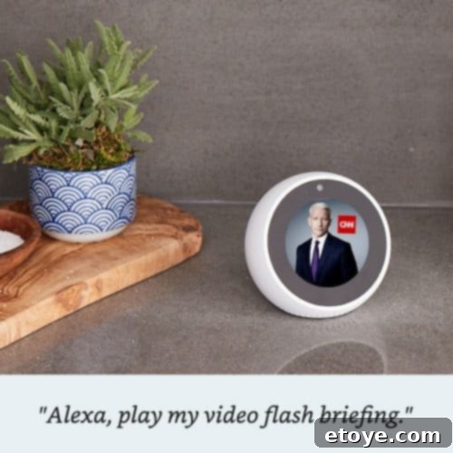 Amazon Echo Spot showing recipes, news, and pizza ordering options