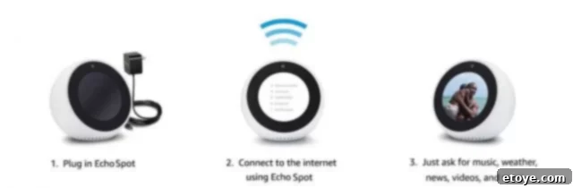 Diagram showing simple setup steps for Amazon Echo Spot