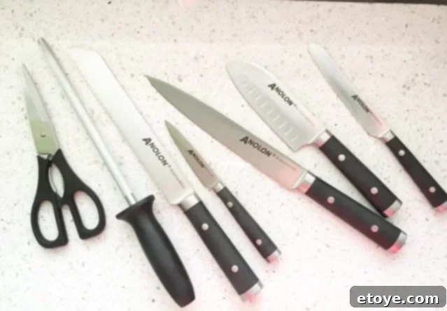Anolon 17-Piece Japanese Knife Set Review Anolon 17-Piece Japanese Knife Set showcasing various blades
