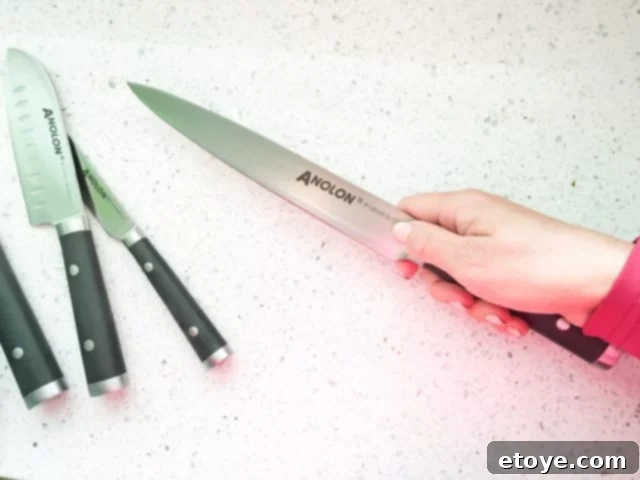 Anolon 17-Piece Japanese Knife Set Review Plus a Chance to Win 2 Anolon 17-Piece Japanese Slicing Knife in action