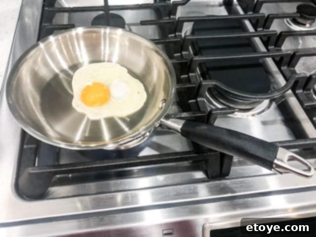 Anolon Advanced Tri-Ply Cookware review frying pan Anolon Advanced Tri-Ply 10.25-inch frying pan cooking an egg, demonstrating even heat