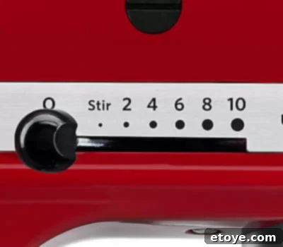 The 10-speed control knob on a KitchenAid Stand Mixer, showcasing the range of power settings available for precise mixing tasks.