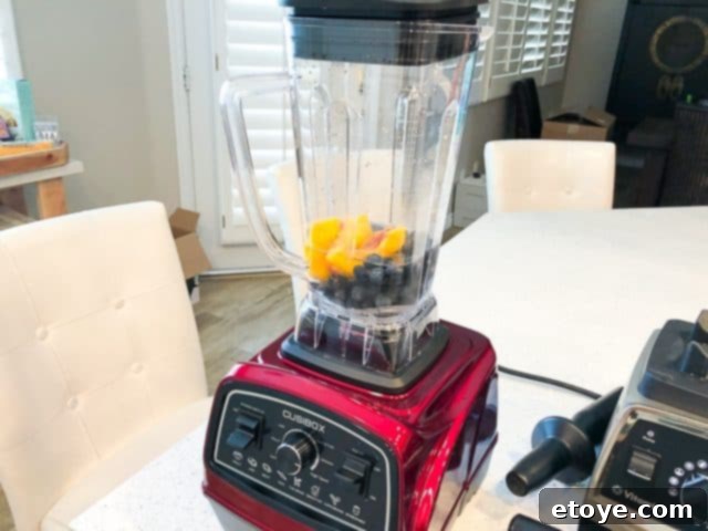 Cusibox 68oz Professional Blender Review & Giveaway 9 Frozen blueberries, peaches, and water in the Cusibox Blender container
