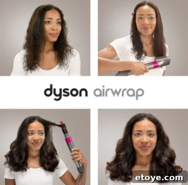 Dyson Airwrap hair styler on a vanity with hair care products, showcasing its elegant design.