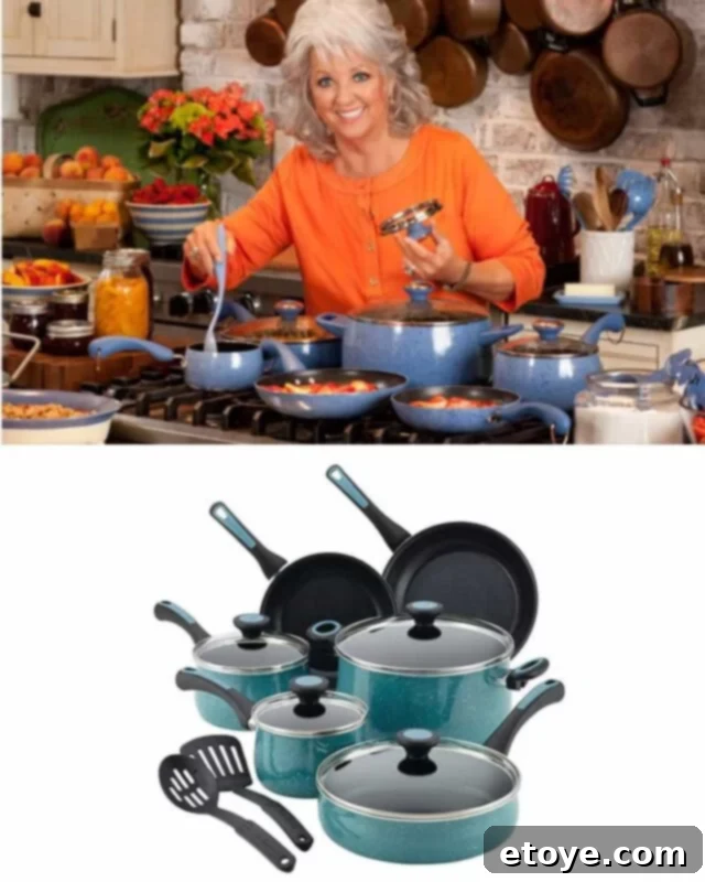 Paula Deen Riverbend Cookware Set - close up of a pan with a vibrant Gulf Blue exterior