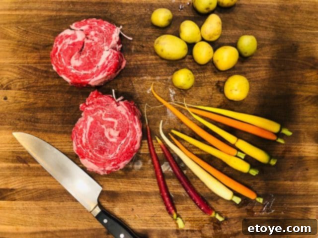 Serving Ribeye Cap Steak with Roasted Vegetables