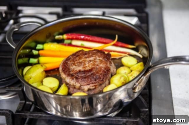 Adding Vegetables to One-Pan Steak Dinner