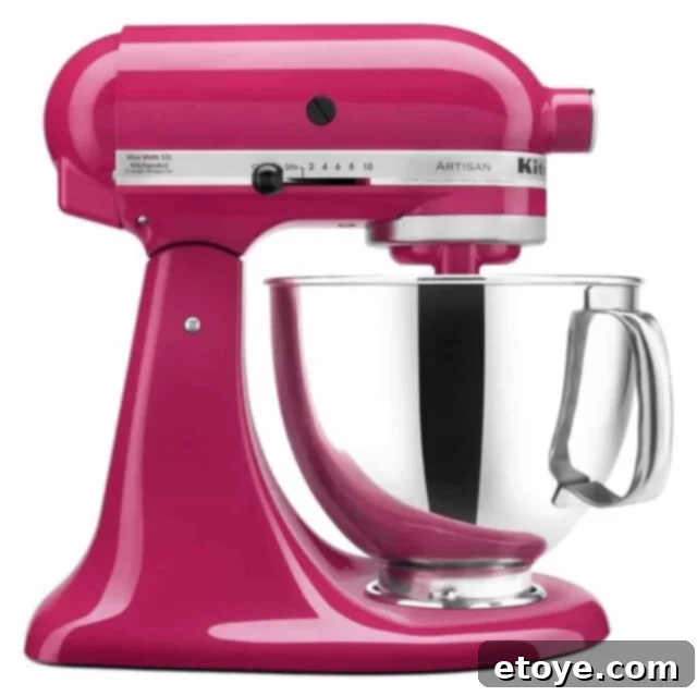 Win a KitchenAid Artisan 5-Quart Stand Mixer 8 Close-up of a KitchenAid Artisan Stand Mixer in a vibrant blue color