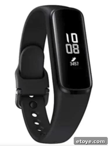 Samsung Galaxy Fit E 2019 fitness tracker on a wrist, showcasing its compact and sleek design.