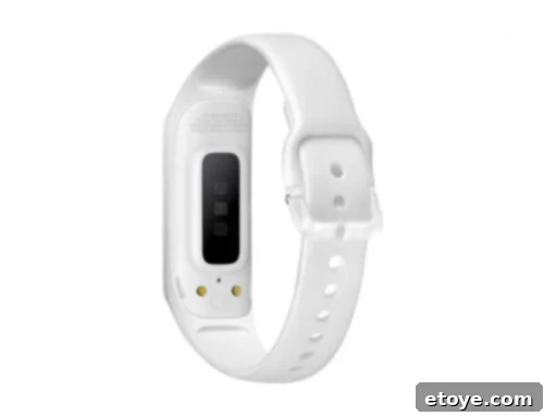 Samsung Galaxy Fit E 2019 showcasing its features on the display with health data and notifications.