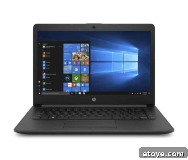 Score a Free HP 14-Inch Laptop 2 HP 14-inch laptop in Jet Black, showcasing its slim profile and display.